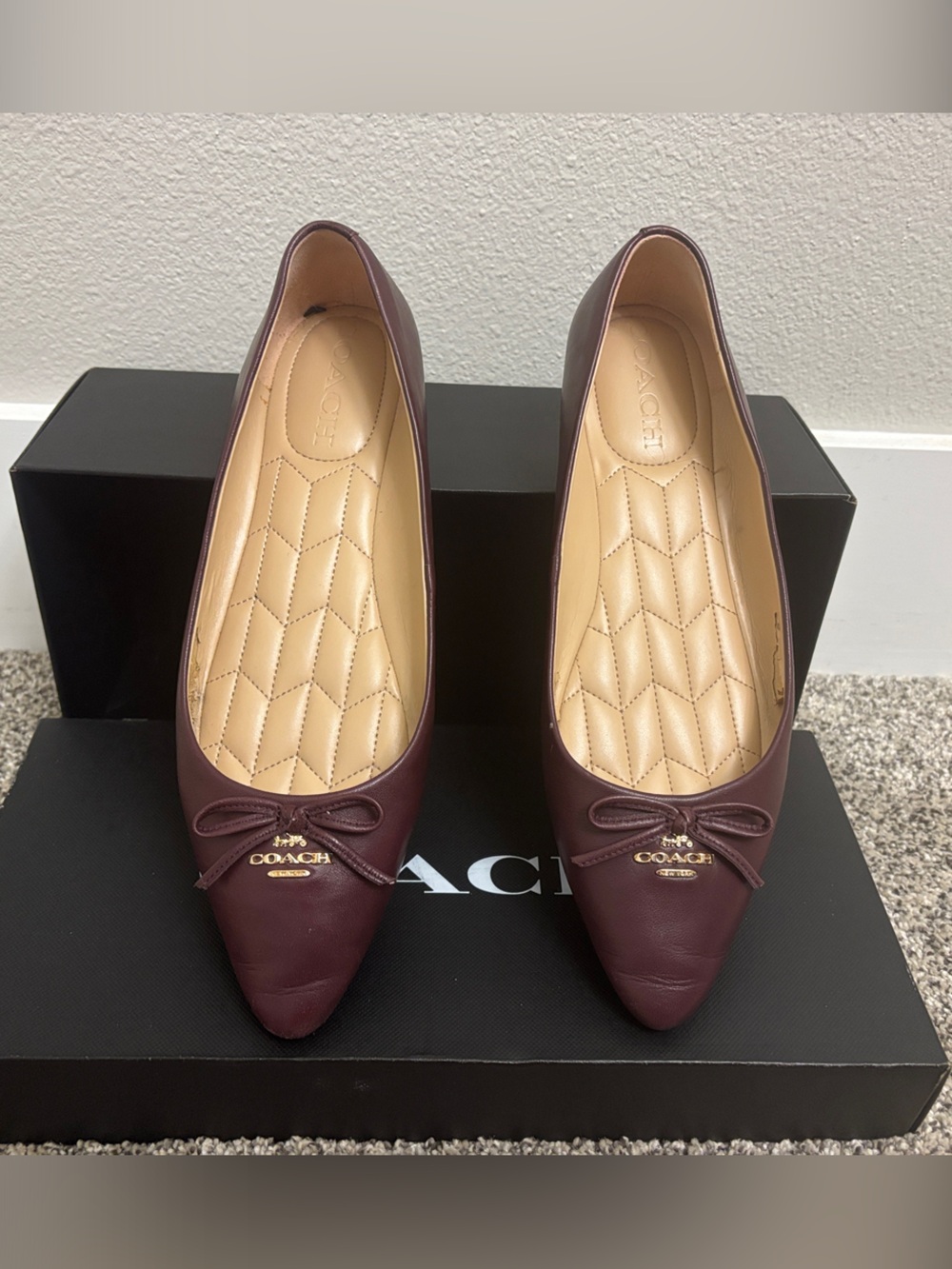 Coach Burgundy Pointed-Toe Leather Flats with Gold Logo